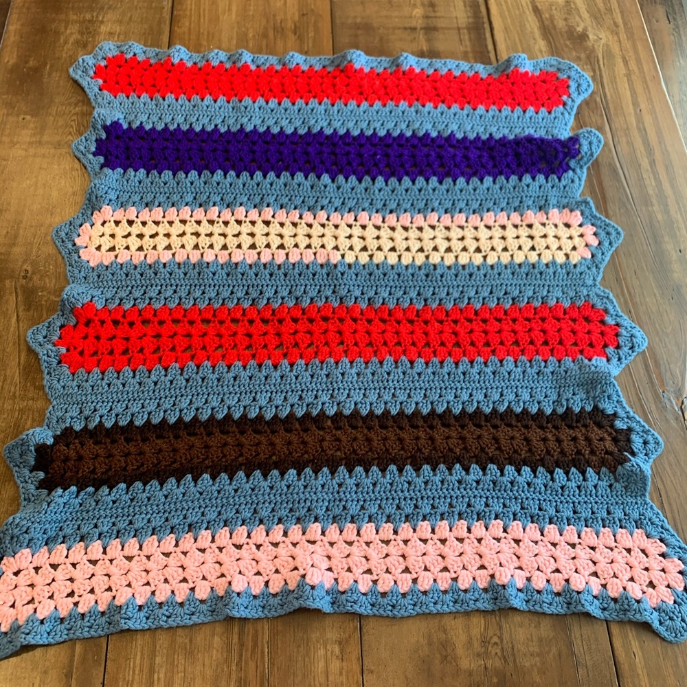 Handmade striped scalloped baby afghan blanket